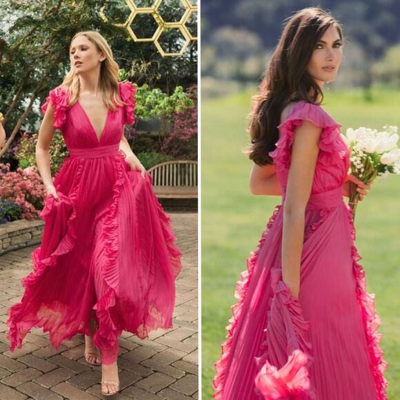 Mac Duggal 49539 Size 12 Pink Pleated Ruffle Ruffles V-Neck Long Maxi Gown Dress - Picture 5 of 8